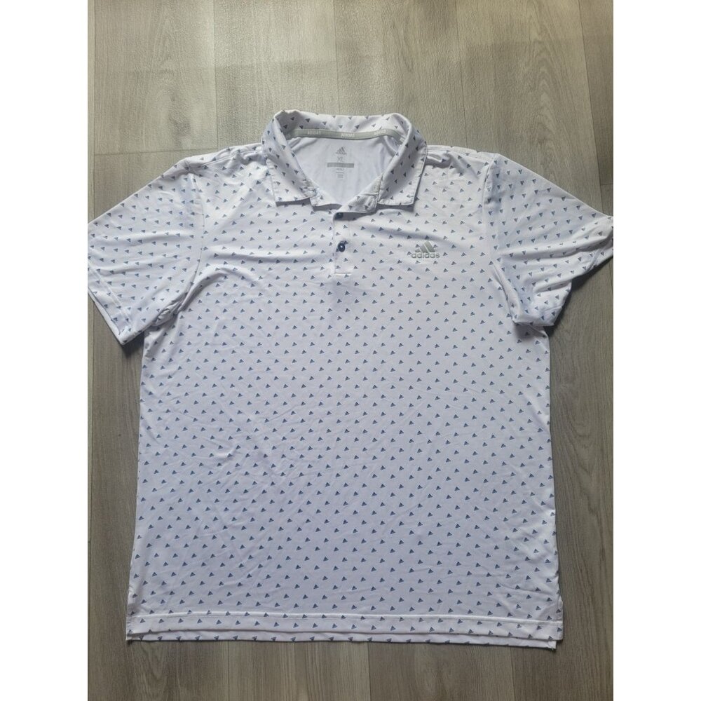 Adidas Mens XL White Golf Polo Shirt Blue Triangle Print Short Sleeve Lightweigh